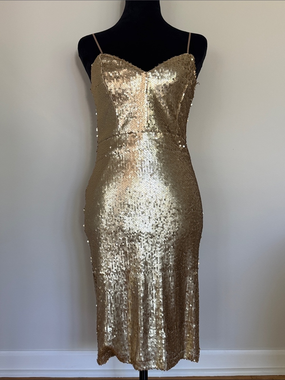 Lulu's Gold Sequin Spaghetti-Strap Midi Dress